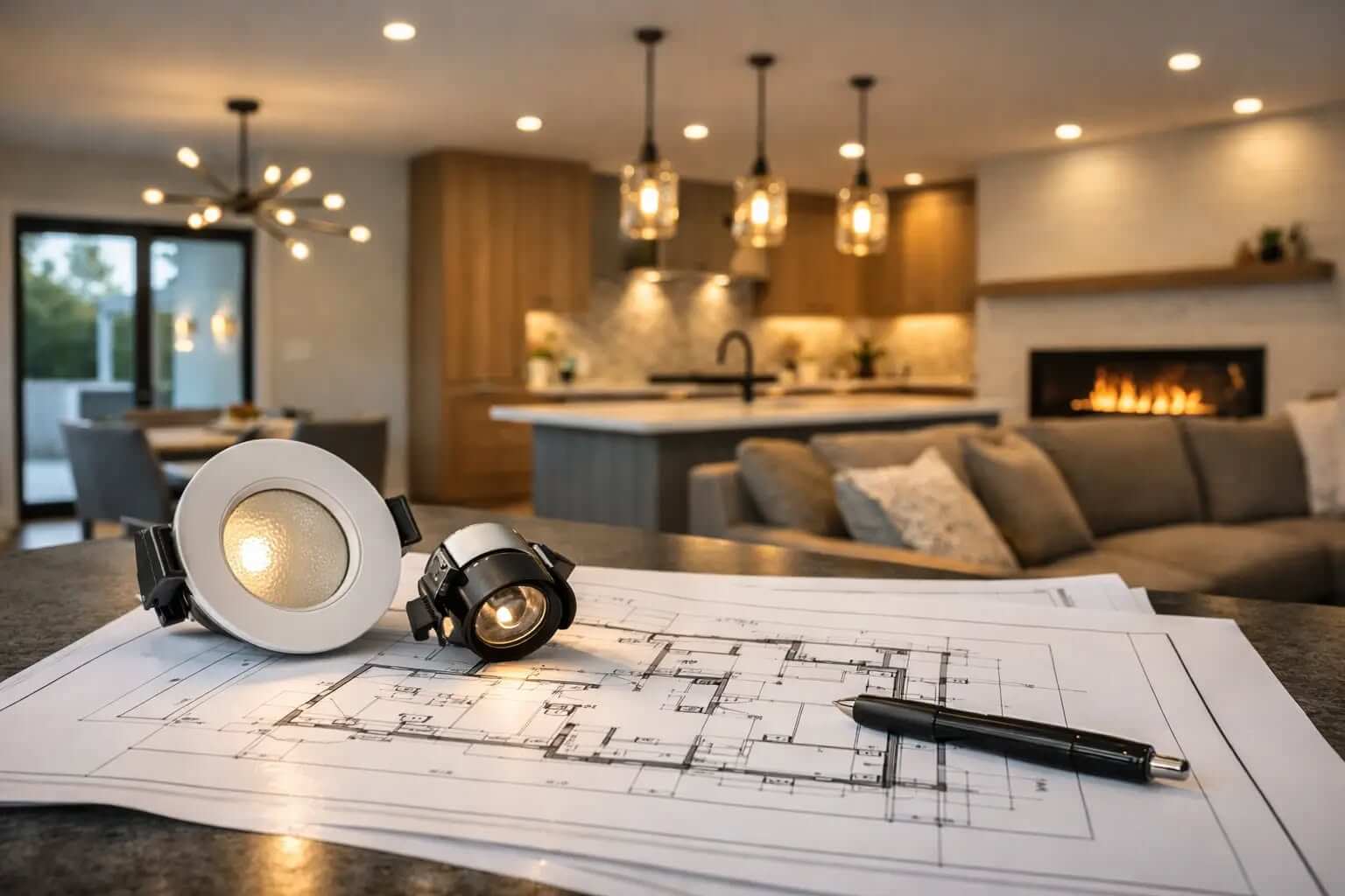 Recessed lighting fixtures on top of architectural floor plans