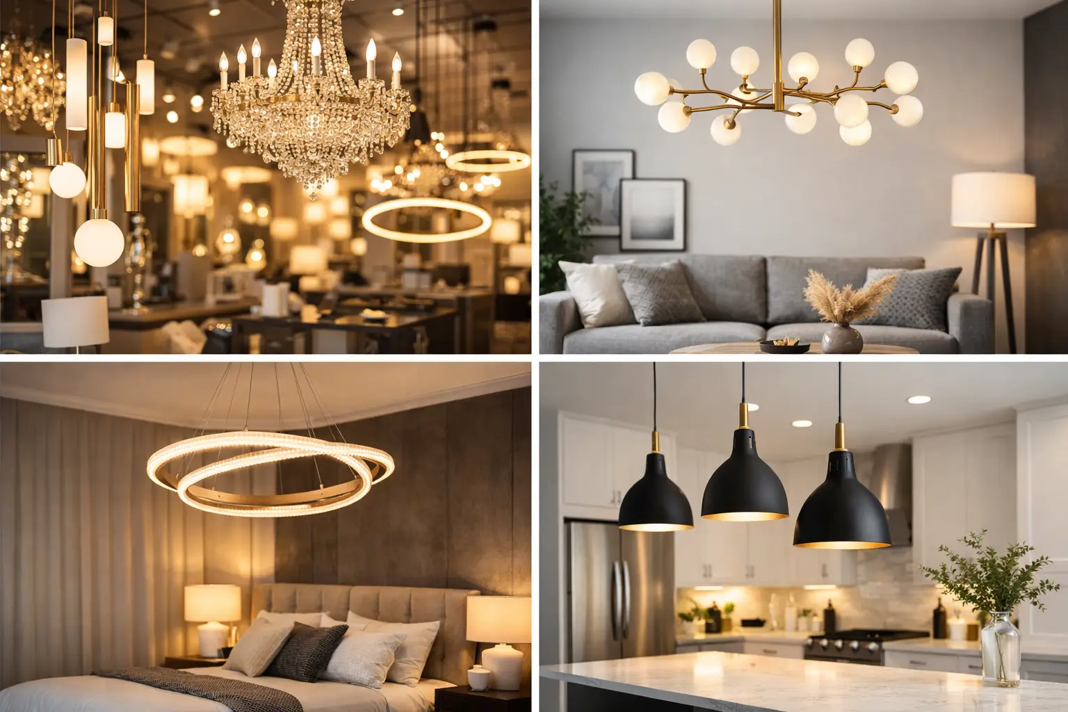 Showroom display of chandeliers and pendant lights