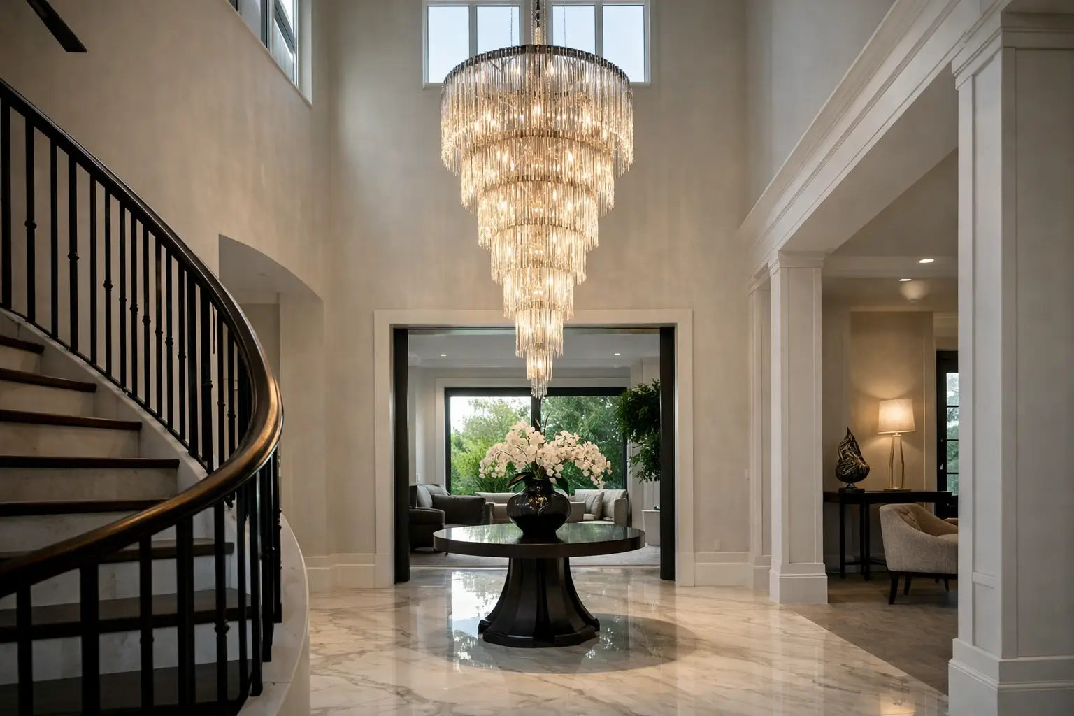 A statement chandelier lighting a high-ceiling foyer
