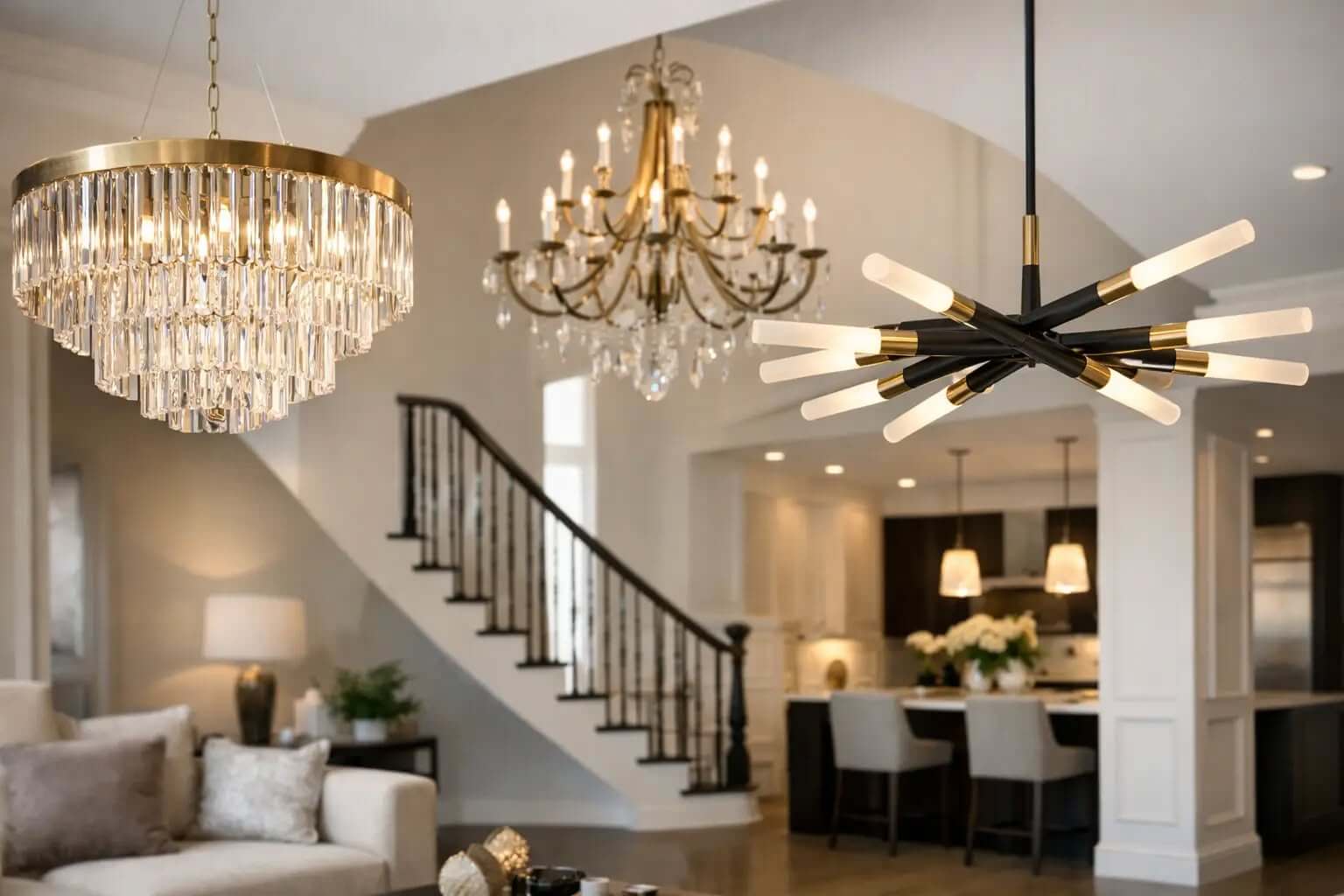 Crystal and brass chandeliers displayed in a Fehmi Lights showroom setting