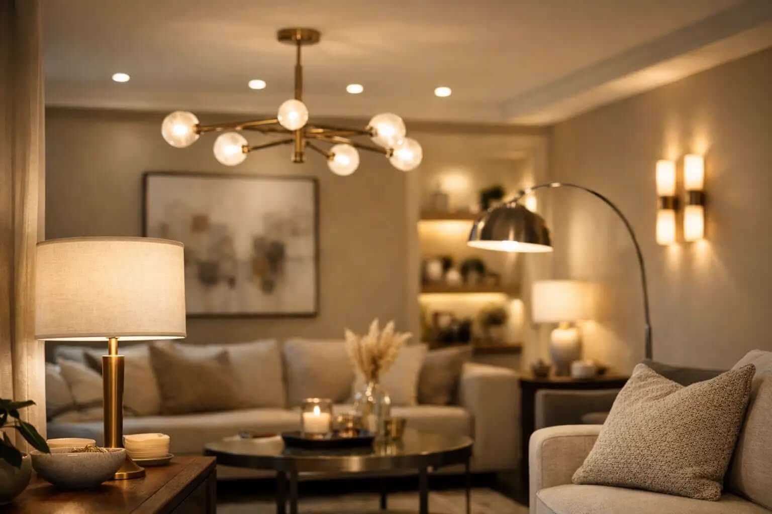 Brass sputnik chandelier, floor lamp and wall sconces in a living room