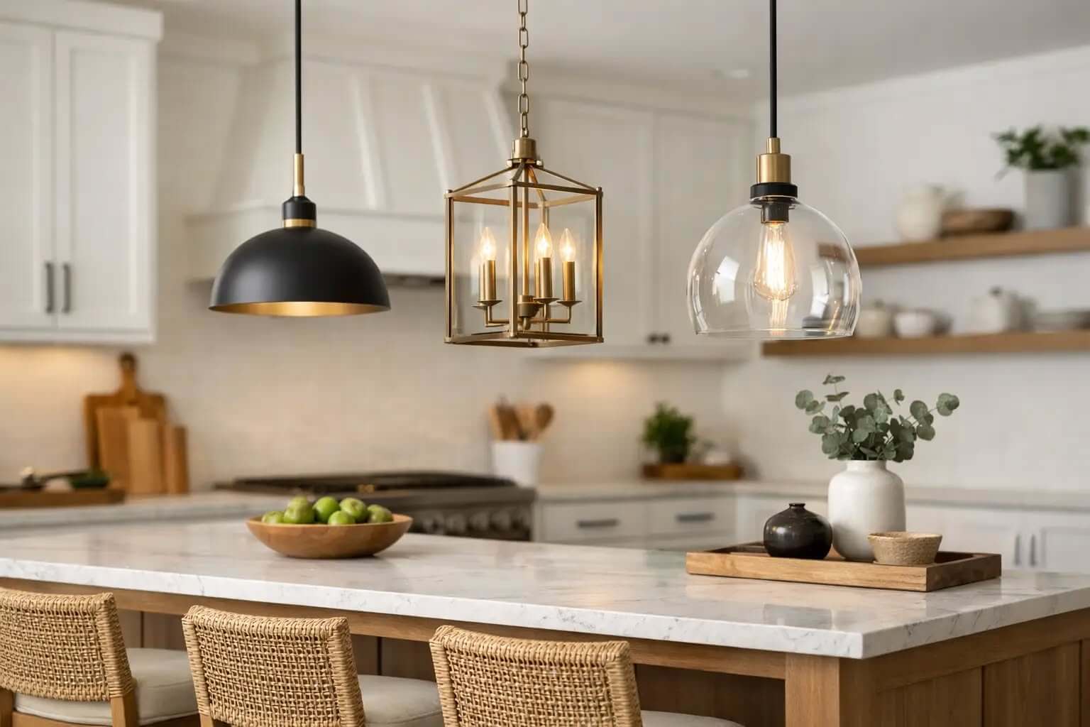 Black and brass pendant lights above a kitchen island