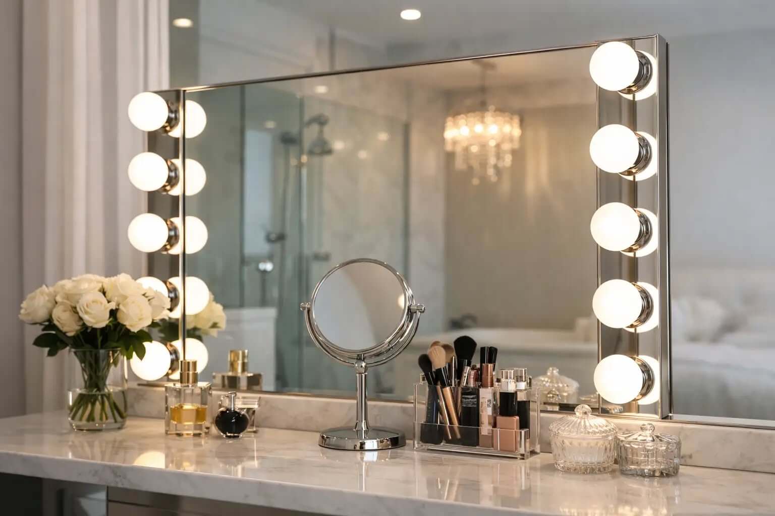 Chrome Hollywood-style vanity light above a bathroom mirror