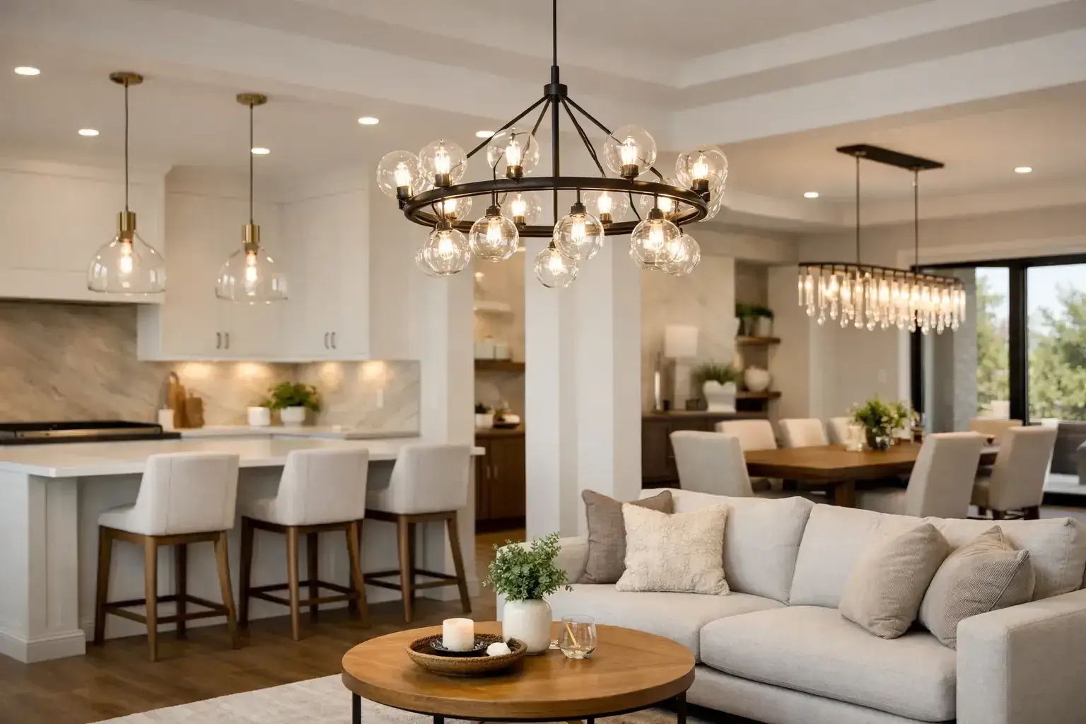 Warm ambient lighting across a living, dining and kitchen space