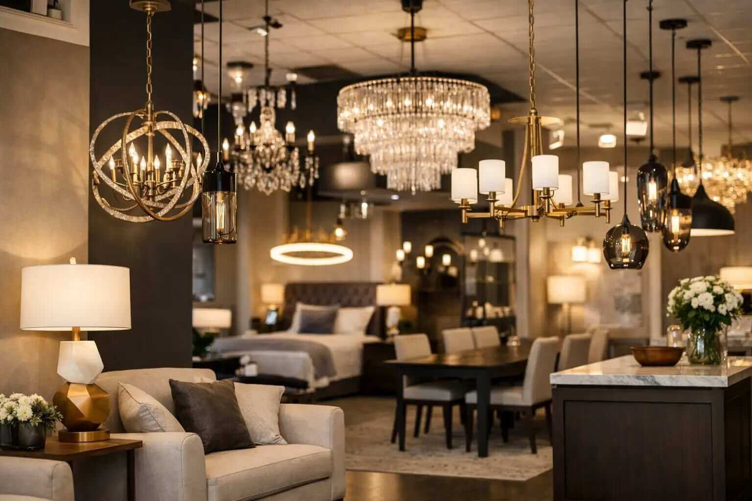 Fehmi Lights Brampton showroom floor with chandeliers, pendants and designer lamps on display