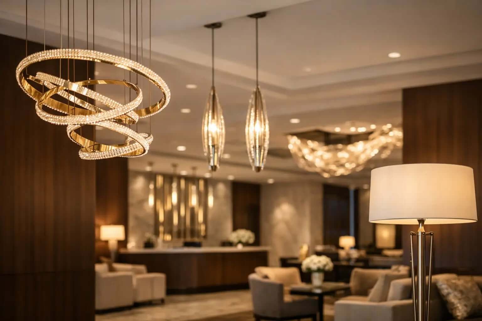 Gold spiral chandelier in a hotel lobby