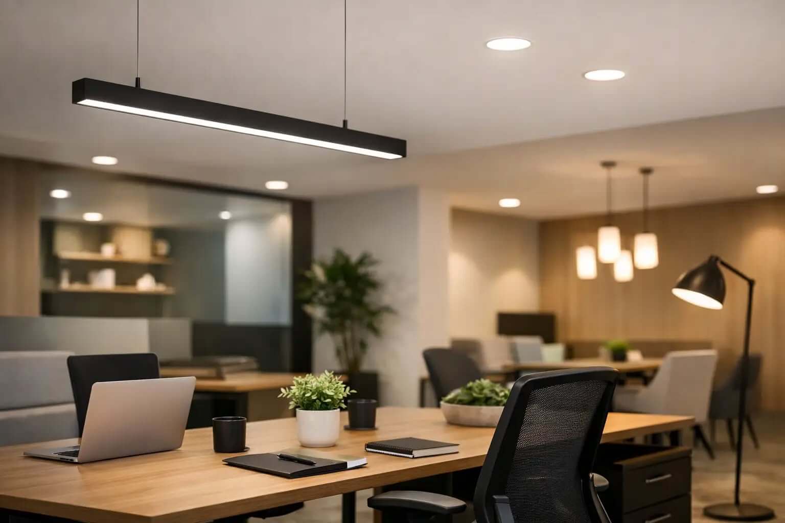 Modern pendant lighting in a commercial lounge