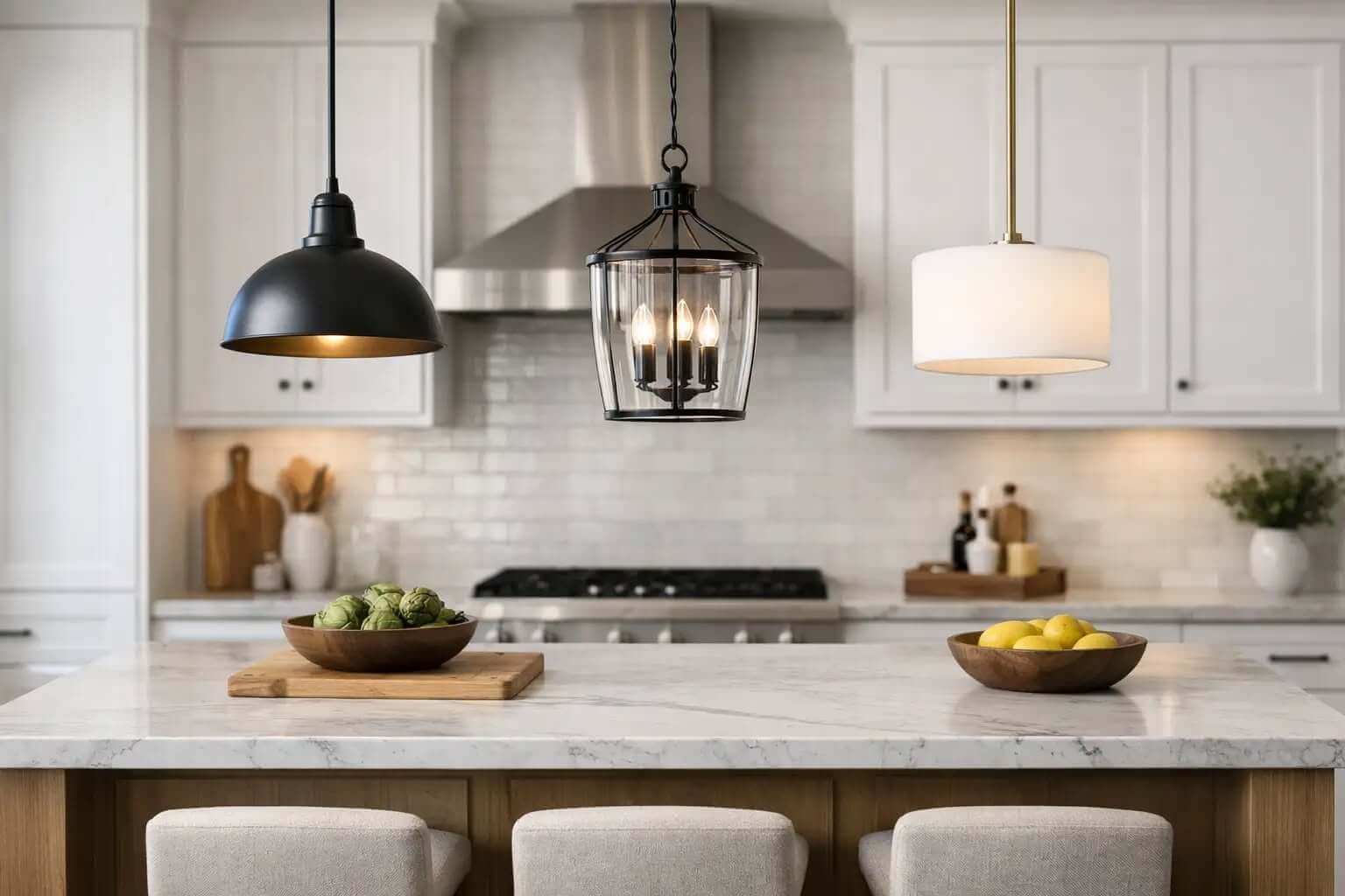 Pendant lights over a kitchen island — sample image