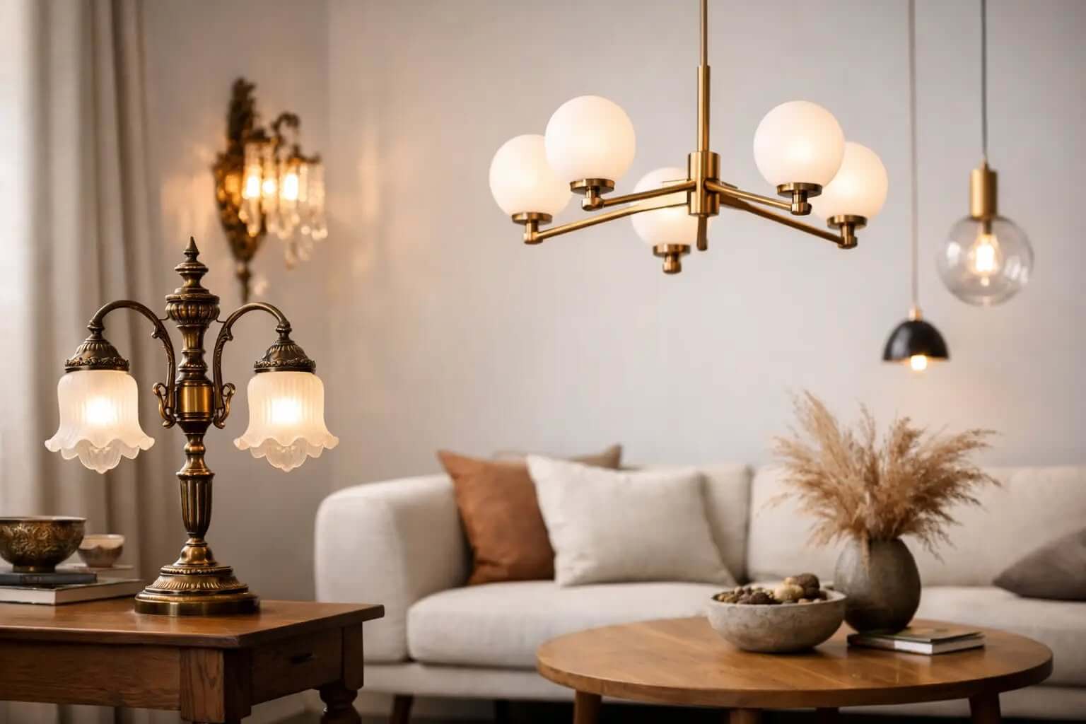 Brass chandelier and lamps glowing in a warm, styled living room