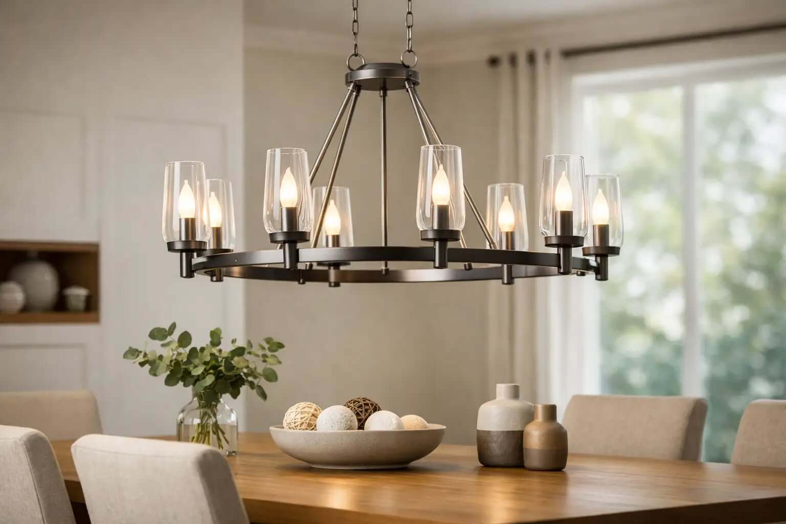Farmhouse wagon-wheel chandelier above a dining table