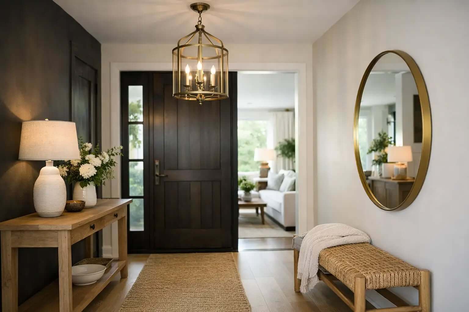 Brass lantern pendant above an entryway console with a round mirror