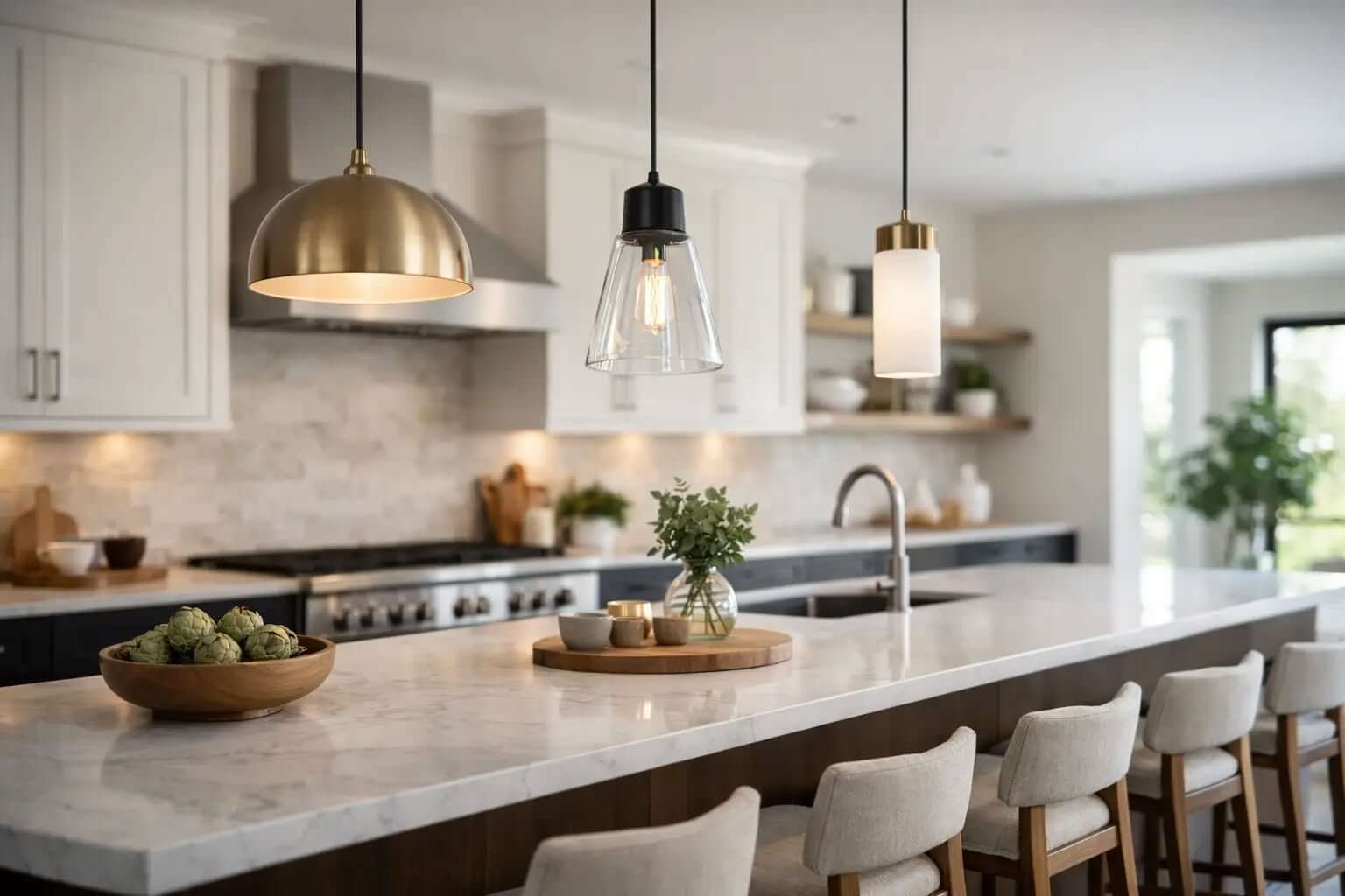 Brass dome and glass cylinder pendants above a kitchen island